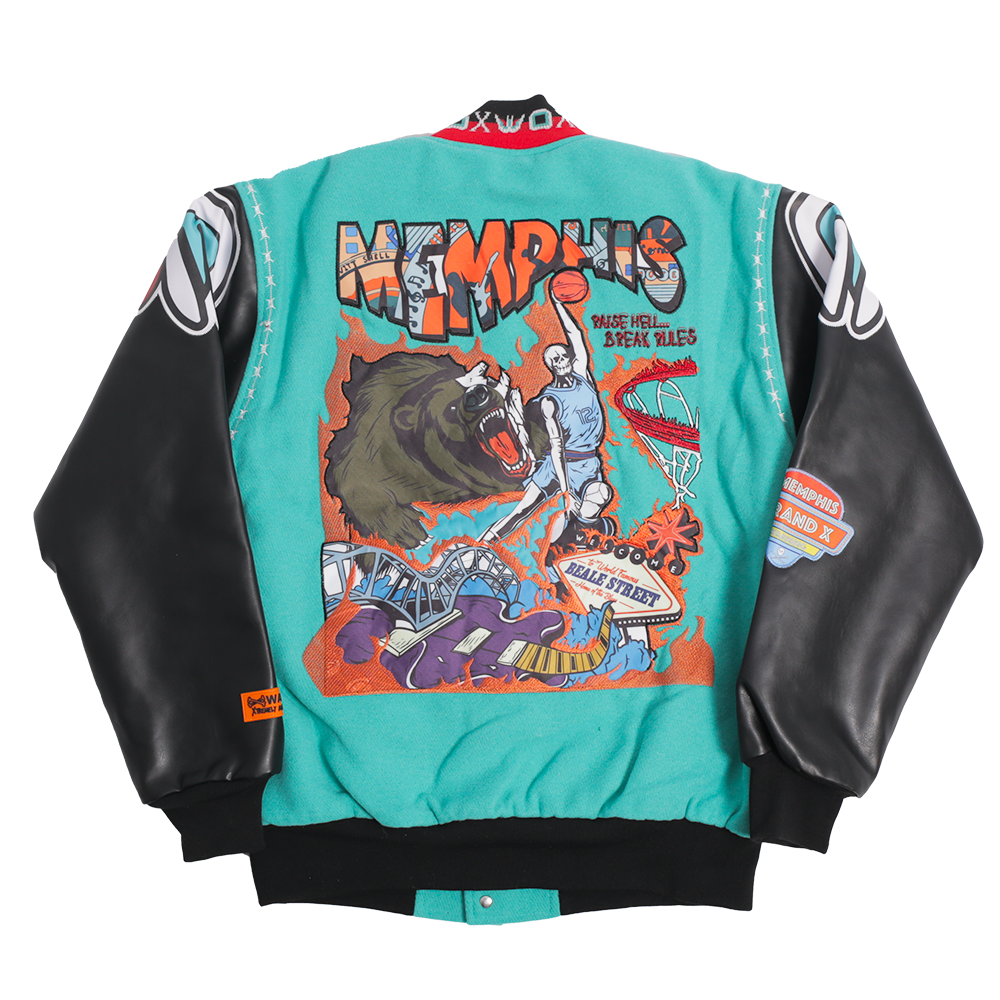 BRAND X MEMPHIS RAISE HELL VARSITY JACKET (TEAL)