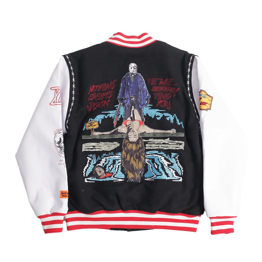 BRAND X JASON CAMP CRYSTAL LAKE VARSITY JACKET (BLACK/WHITE)