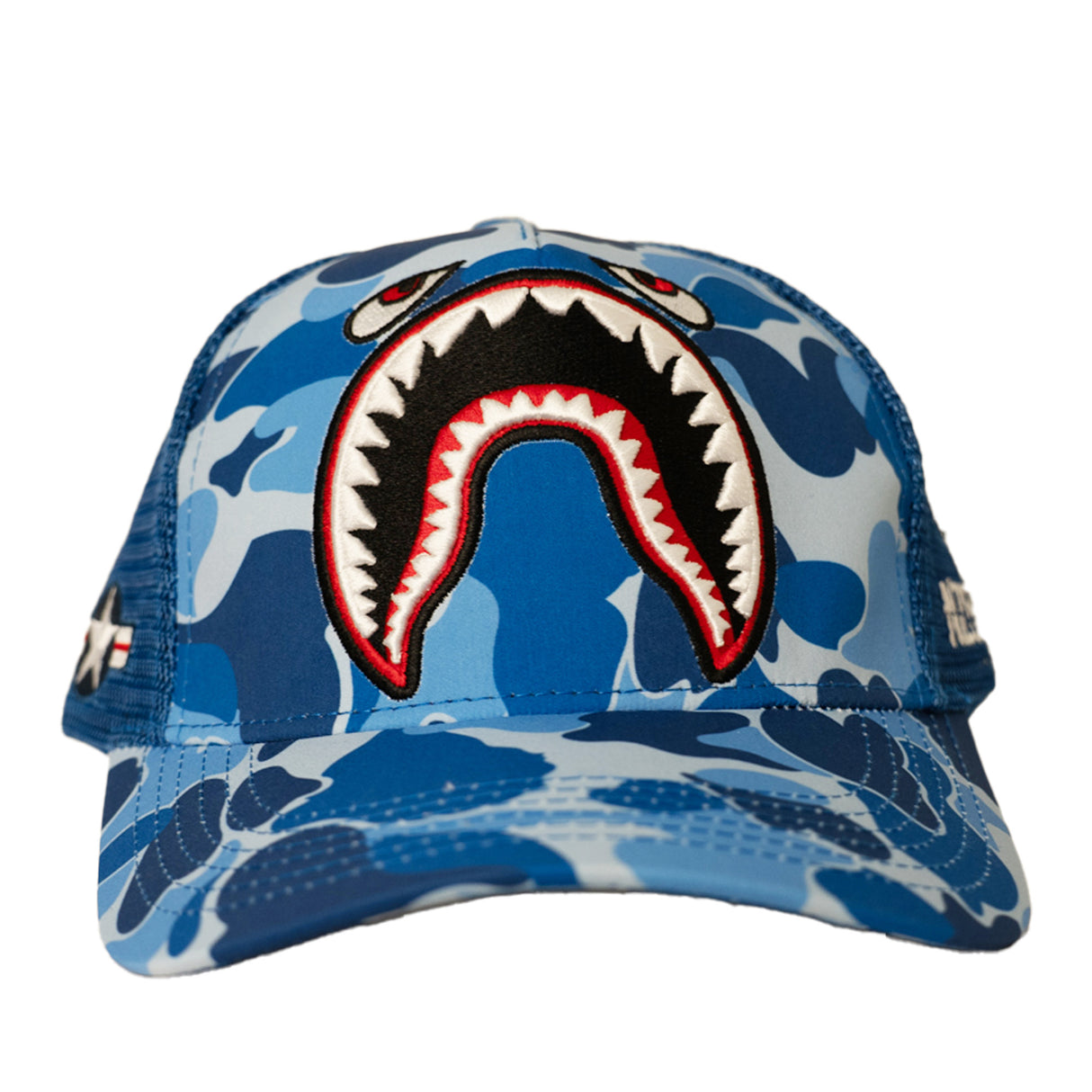 SHARK MOUTH CAMO TRUCKER HAT (BLUE)