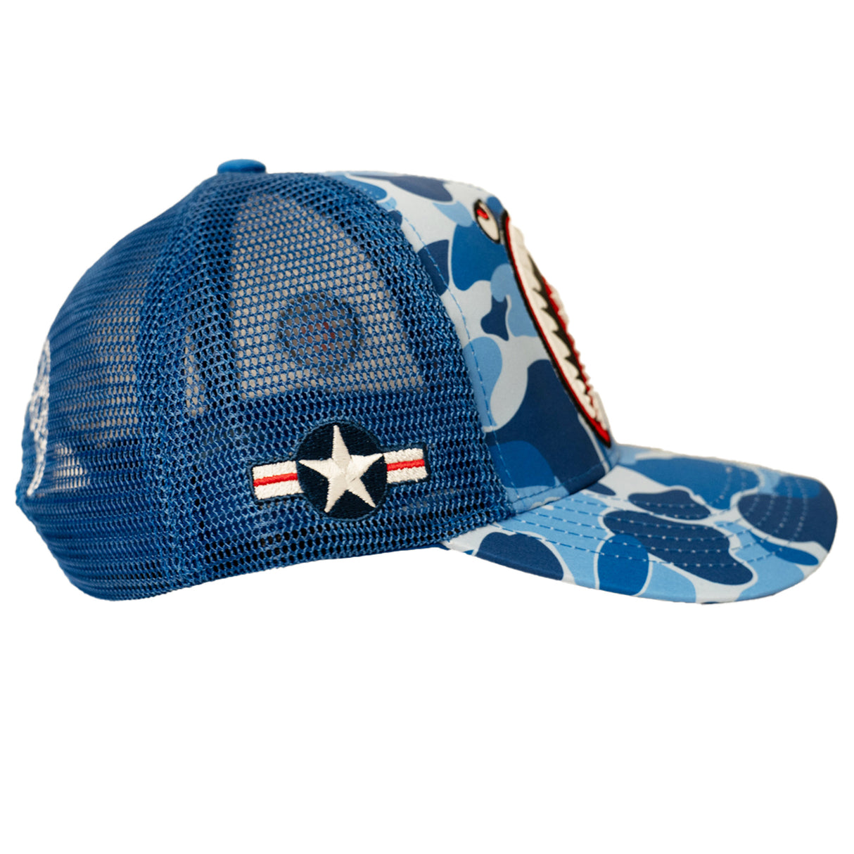 SHARK MOUTH CAMO TRUCKER HAT (BLUE)