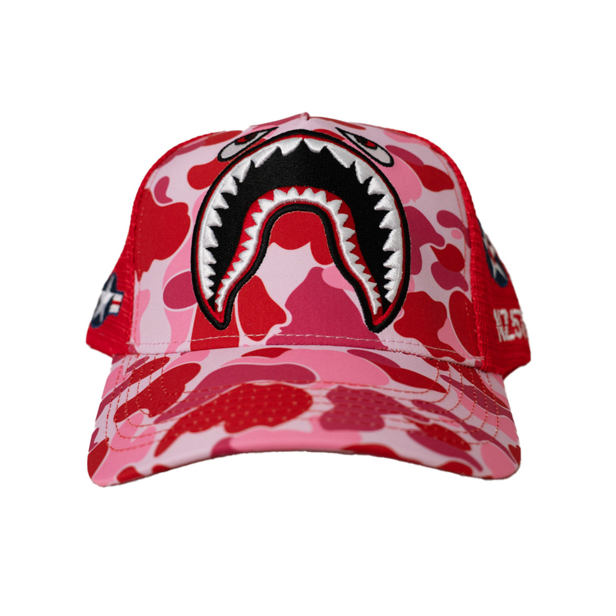 SHARK MOUTH CAMO TRUCKER HAT (RED)