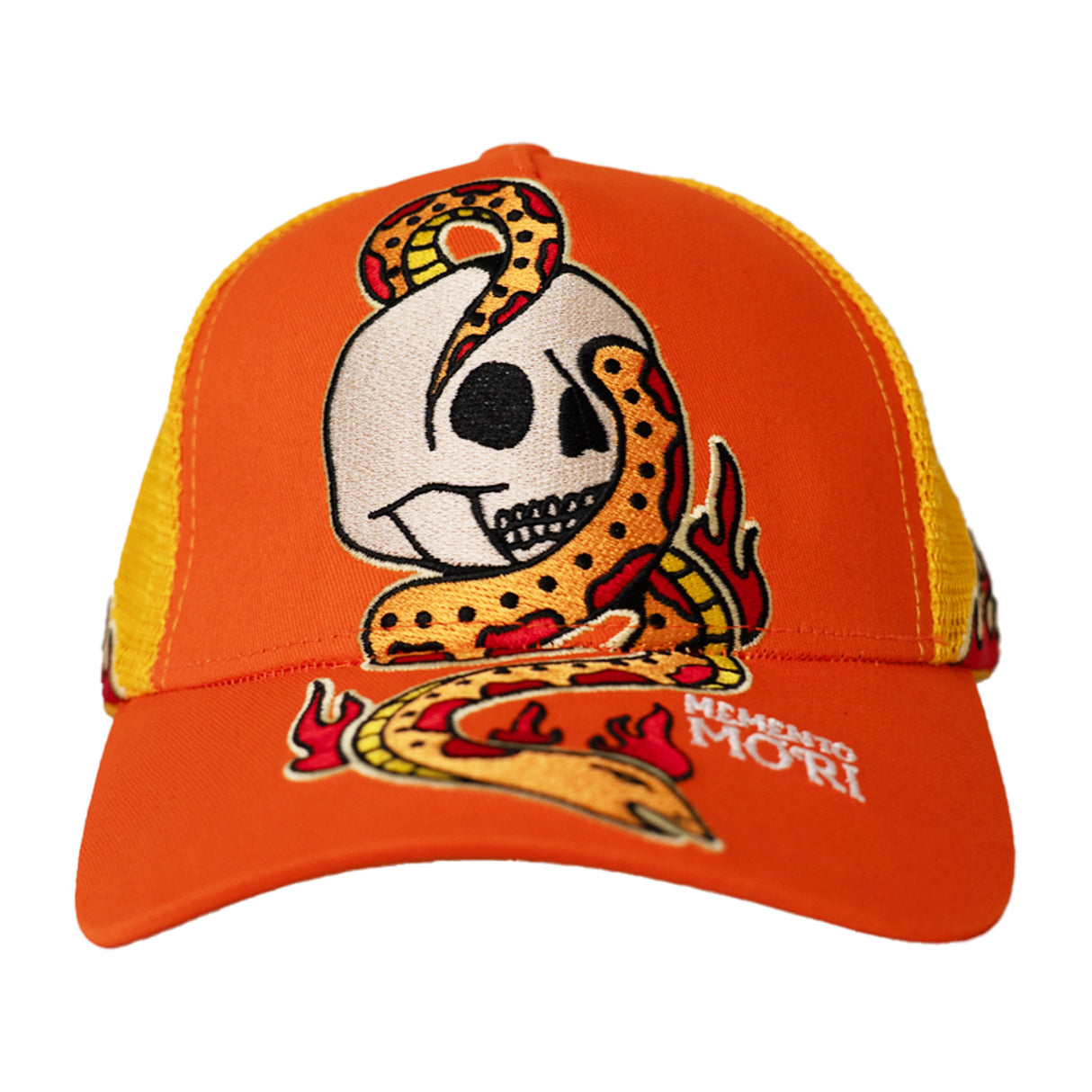 SKULL AND SNAKE TATTO STYLE TRUCKER HAT (ORANGE)