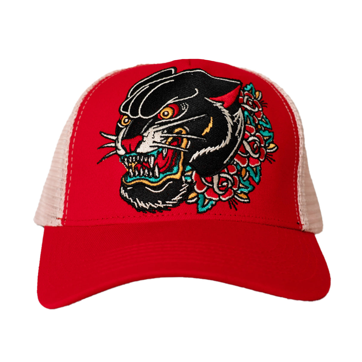 BLACK PANTHER TATTOO STYLE TRUCKER HAT (RED/CREAM)