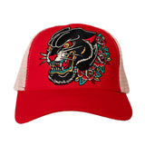 BLACK PANTHER TATTOO STYLE TRUCKER HAT (RED/CREAM)