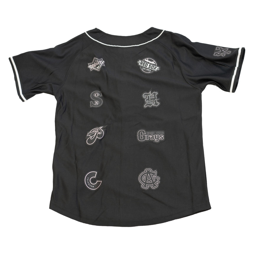 YOUTH NEGRO LEAGUE VERTICAL COLLAGE BUTTOM DOWN BASEBALL JERSEY (BLACK)