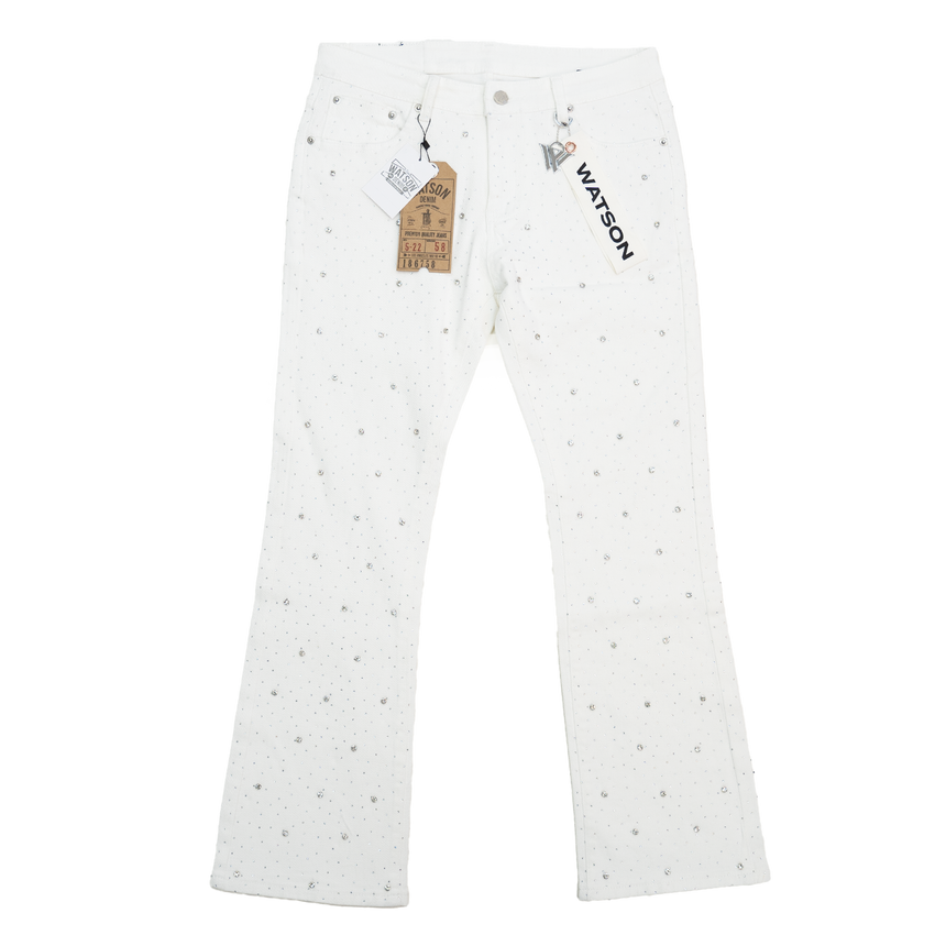 WHITE EMBELLISHED RHINESTONE CRYSTAL WATSON DENIM