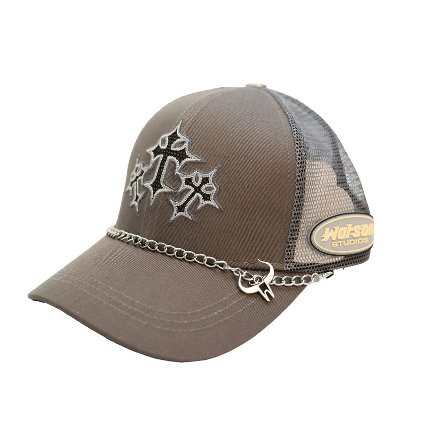 WATSON TRIPLE CROSS LEATHER TRUCKER HAT (BROWN)